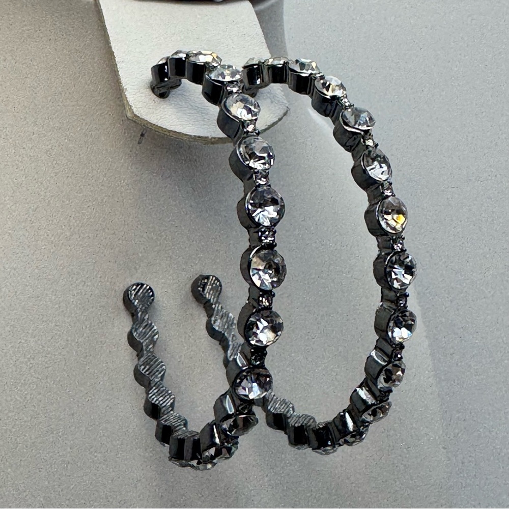 Gunmetal White Crystal Hoop Earrings Large Rhinestone Statement Hoops Boho
